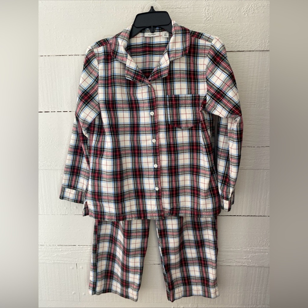 LL Bean Women Scotch Plaid Flannel Pajamas Cream Red Preppy Classic Cozy XS Pet